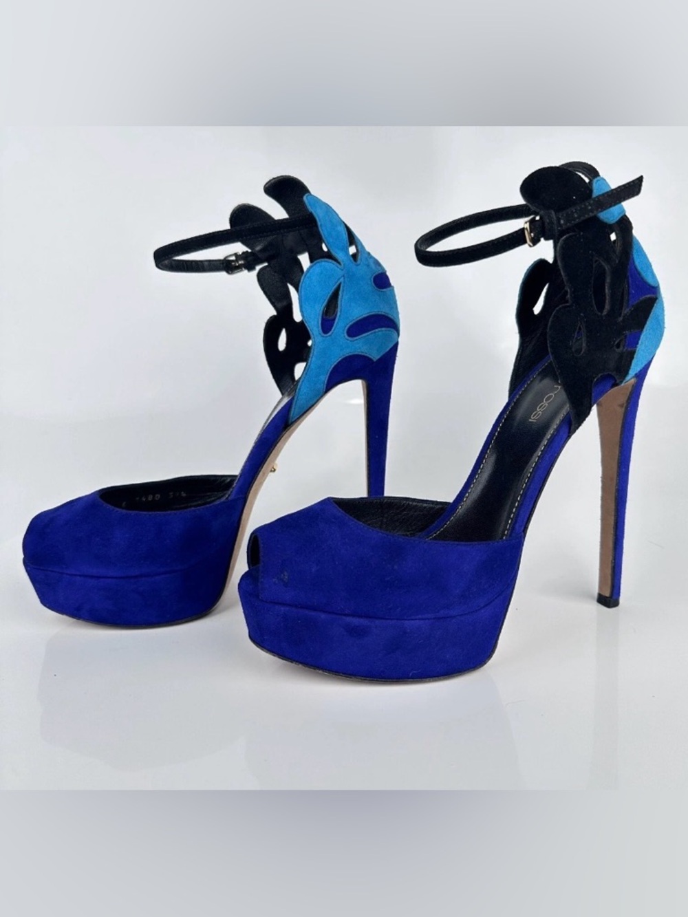 Sergio Rossi Cobalt & Black Suede Platform Peep-Toe Heels